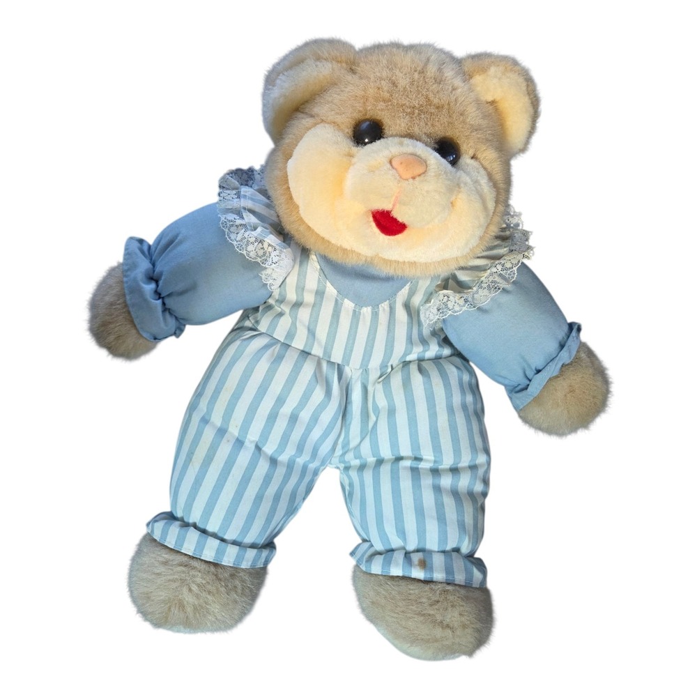 VTG Cuddle Wit Teddy Bear Plush Toy Blue Striped Romper Lace Collar Stuffed Rare